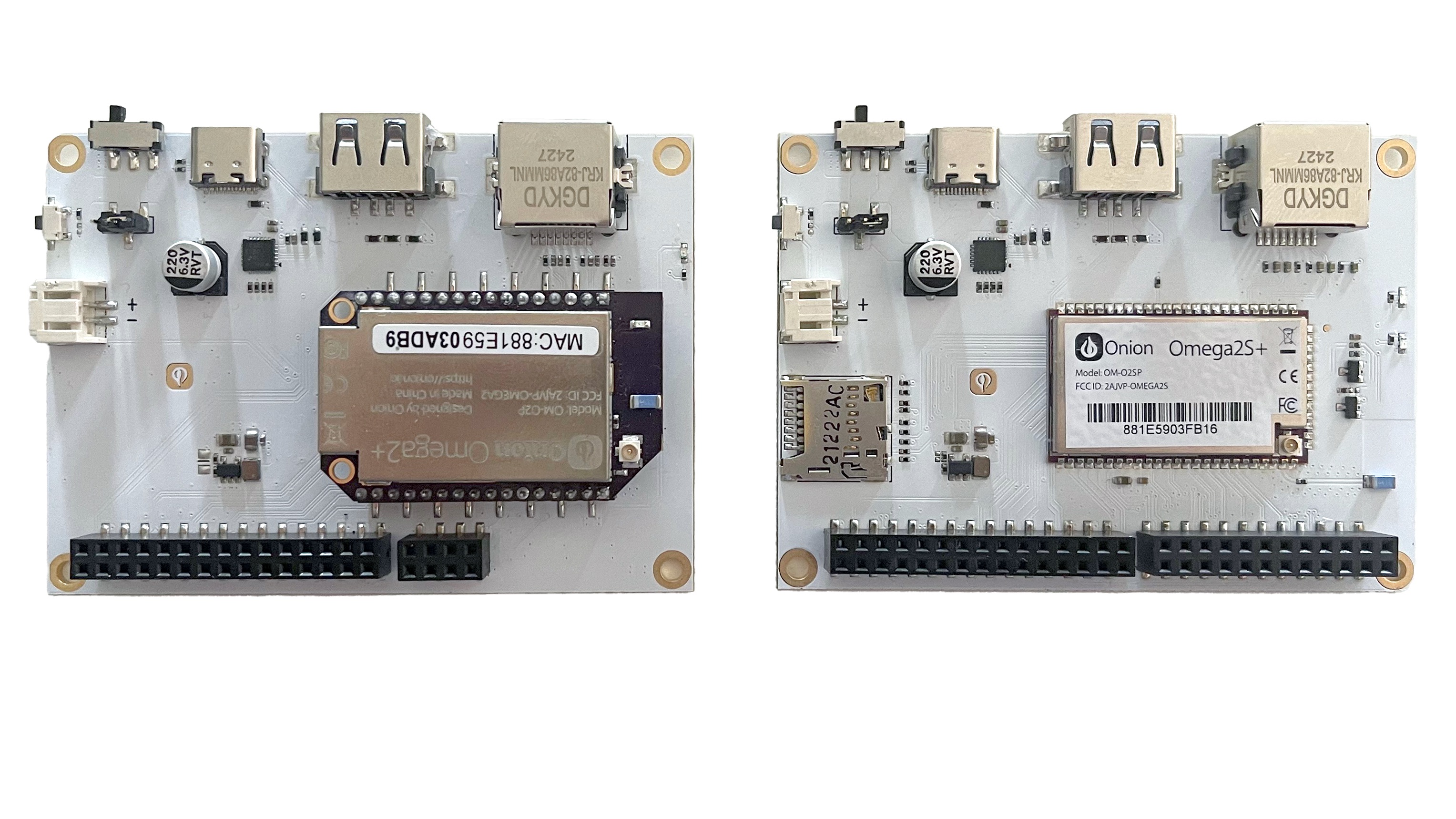 Omega2 Eval Board (left) and Omega2S Eval Board (right)